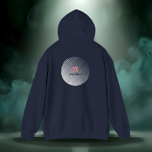 Sixth Stitch “4 Tha Homies Alliance Code Hoodie” in navy blue. Back print shows a diagonal white-striped circle with a small red square “S” logo centered inside, symbolizing unity through design.