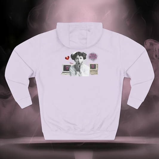 Full back view of the lilac CTRL+HER hoodie showing the complete retro collage design — vintage-inspired empowerment art blending femininity, technology, and the Sixth Stitch brand identity.