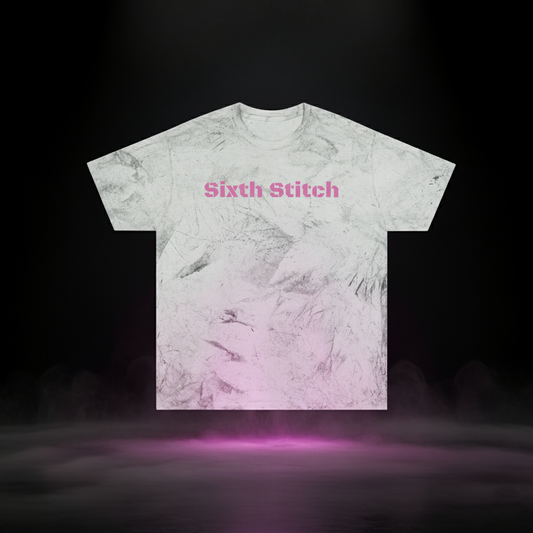 Sixth Stitch Dimensional Drift Tee in Smoke color, featuring gray-marble stone texture and pink “Sixth Stitch” logo across chest.