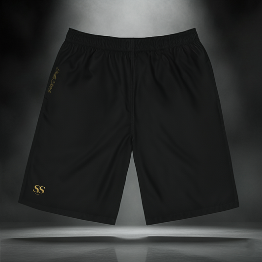 Golden Cipher Shorts front view — black jogger-style shorts featuring gold “SS” Sixth Stitch acronym embroidery on the left leg, luxury streetwear design with minimalist appeal.