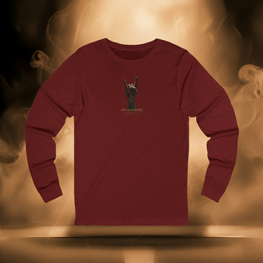 Sixth Stitch Intergalactic Tee Halloween Edition in Cardinal red (front view) featuring molten zombie rock-hand emblem and 4THAHOMIES insignia in gold font.