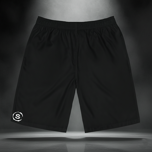 Pocket Theory Shorts front view — black streetwear shorts with white “Circle S” Sixth Stitch logo on the leg, minimalist athletic design with premium material and relaxed fit.