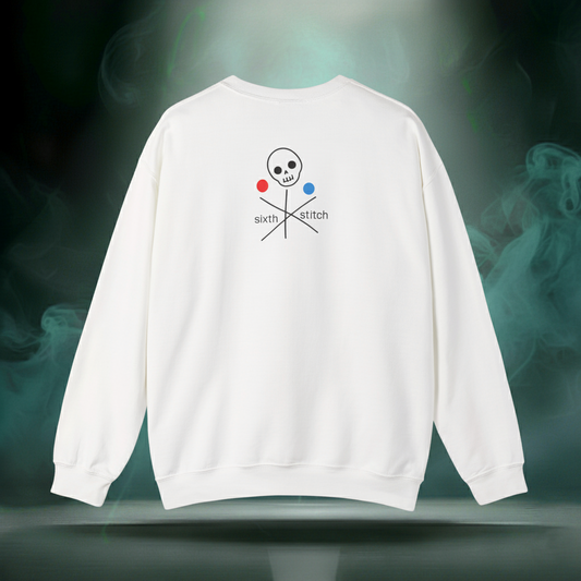 Back of Sixth Stitch Stitch and Bones Sweater in white featuring stylized skull and cross-needle graphic with “sixth stitch” text integrated into design. Represents coded rebellion and unity through the stitch.