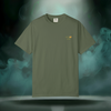 Front view of the Gang Gang Tee in sage green featuring a small golden “sixth stitch” crown logo on the left chest.