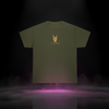 4ThaHomies Intergalactic Tee front view — military-green streetwear tee featuring brown “rock on” hand symbol above bold “4THAHOMIES” text, minimalist design representing unity and energy.