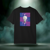 Sixth Stitch Abstract Notion Tee in black. Back print shows a glowing white lightbulb centered over purple-blue abstract grid with repeating “sixth.stitch” text.