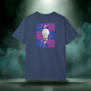 Sixth Stitch Abstract Notion Tee in china blue. Back print shows a glowing white lightbulb centered over purple-blue abstract grid with repeating “sixth.stitch” text.