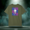 Sixth Stitch Abstract Notion Tee in hemp green. Back print shows a glowing white lightbulb centered over purple-blue abstract grid with repeating “sixth.stitch” text.