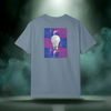 Sixth Stitch Abstract Notion Tee in ice blue. Back print shows a glowing white lightbulb centered over purple-blue abstract grid with repeating “sixth.stitch” text.