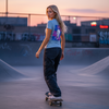 Female skater in bay blue Abstract Notion Tee showing back lightbulb graphic, photographed during dusk at skatepark.