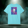Sixth Stitch Abstract Notion Tee in lagoon blue. Back print shows a glowing white lightbulb centered over purple-blue abstract grid with repeating “sixth.stitch” text.