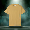 Front of Sixth Stitch Abstract Notion Tee in mustard yellow with minimalist “sixth.stitch.apparel” text across chest.