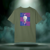 Sixth Stitch Abstract Notion Tee in sage green. Back print shows a glowing white lightbulb centered over purple-blue abstract grid with repeating “sixth.stitch” text.