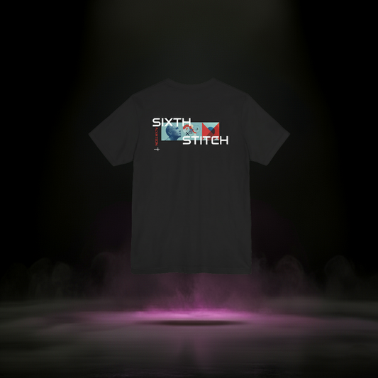 Back view of the Sixth Stitch Be Alive Spectrum Tee in black featuring the bold “Sixth Stitch Aviation” salvation graphic with red and cyan grid artwork.