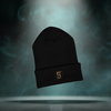 Front of Sixth Stitch Cipher Six Beanie in black featuring embroidered “6” emblem with digital camo texture and circular thread outline stitched on the cuff.