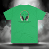 Full back view of the Connected Frequency Tee in envy green featuring the headphone artwork and mantra across the upper back.
