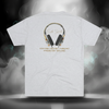 Full back view of the Connected Frequency Tee in heather white featuring the headphone artwork and mantra across the upper back.