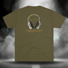 Full back view of the Connected Frequency Tee in vintage military green featuring the headphone artwork and mantra across the upper back.