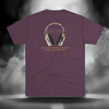 Full back view of the Connected Frequency Tee in tri-blend vintage purple featuring the headphone artwork and mantra across the upper back.
