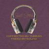 Close-up of the back design on the Connected Frequency Tee showing transparent headphones with “Sixth Stitch” script and the phrase “Connected by Thread, Freed by Sound.”