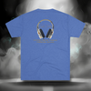 Full back view of the Connected Frequency Tee in vintage royal blue featuring the headphone artwork and mantra across the upper back.