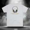 Full back view of the Connected Frequency Tee in white featuring the headphone artwork and mantra across the upper back.