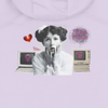 Close-up of the CTRL+HER hoodie back design in lilac — retro collage featuring a shocked woman between vintage computers, pink Venus symbol, digital “6,” and neon Sixth Stitch logo, symbolizing female empowerment through code and connection.