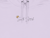 Close-up of the front logo on the lilac CTRL+HER hoodie — elegant handwritten “Sixth Stitch” in soft gray with a gold crown accent symbolizing strength and self-worth.