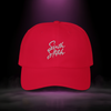 Sixth Stitch Drip Script Cap in cranberry red — streetwear dad hat with embroidered “Sixth Stitch” logo, premium cotton fit, urban camo design, part of the Quantum Stitch streetwear collection.