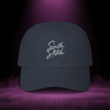 Sixth Stitch Drip Script Cap in navy — streetwear dad hat with embroidered “Sixth Stitch” logo, premium cotton fit, urban camo design, part of the Quantum Stitch streetwear collection.