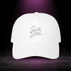 Sixth Stitch Drip Script Cap in white — streetwear dad hat with embroidered “Sixth Stitch” logo, premium cotton fit, urban camo design, part of the Quantum Stitch streetwear collection.
