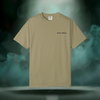 Front view of the First Impression Tee in khaki featuring a small minimalist “Sixth Stitch” logo printed on the left chest.