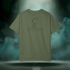 Back view of the First Impression Tee in sage green showing the large “S” script logo above the text “SIXTH STITCH – NEXT LEVEL APPAREL.”