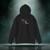Back of Sixth Stitch Galactic Homies Hoodie in black featuring neon “4 Tha Homies” graphic with glowing hands reaching toward a central pink “4” inside a circular light ring. Symbol of connection, unity, and coded brotherhood.