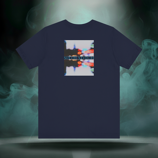 Back of Sixth Stitch Lucid Blur Tee in Navy Blue featuring surreal “Lucid Blur” city reflection graphic with neon hues, blurred lighting, and mirrored Sixth Stitch text.