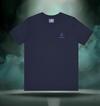 Front of Sixth Stitch Lucid Blur Tee in navy blue featuring minimalist chest logo with circular “S” emblem and Sixth Stitch wordmark.