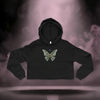 Crop Hoodie in black color, showcasing digital butterfly design centered on chest.