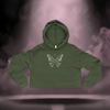 Crop Hoodie in military green color, showcasing digital butterfly design centered on chest.