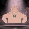 Crop Hoodie in peach color, showcasing digital butterfly design centered on chest.
