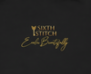 Black Crop Hoodie zoomed in to show custom graphics - the gold Sixth Stitch logo with butterfly key and cursive “Evolve Beautifully” text in metallic ink.