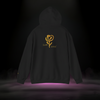 Back of Sixth Stitch Mind Rose Hoodie in black featuring metallic gold “Mind Rose” emblem and scripted Sixth Stitch logo centered on upper back.