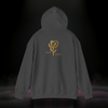 Back of Sixth Stitch Mind Rose Hoodie in dark heather grey featuring metallic gold “Mind Rose” emblem and scripted Sixth Stitch logo centered on upper back.