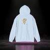 Back of Sixth Stitch Mind Rose Hoodie in light blue featuring metallic gold “Mind Rose” emblem and scripted Sixth Stitch logo centered on upper back.
