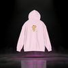Back of Sixth Stitch Mind Rose Hoodie in light pink featuring metallic gold “Mind Rose” emblem and scripted Sixth Stitch logo centered on upper back.