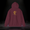 Back of Sixth Stitch Mind Rose Hoodie in maroon featuring metallic gold “Mind Rose” emblem and scripted Sixth Stitch logo centered on upper back.