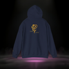 Back of Sixth Stitch Mind Rose Hoodie in navy blue featuring metallic gold “Mind Rose” emblem and scripted Sixth Stitch logo centered on upper back.