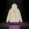 Back of Sixth Stitch Mind Rose Hoodie in sand featuring metallic gold “Mind Rose” emblem and scripted Sixth Stitch logo centered on upper back.
