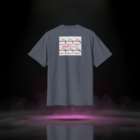 Neon Echo Stitch Tee back view in indigo — modern streetwear tee featuring geometric echo pattern and “Sixth Stitch” neon lettering across digital-inspired grid artwork, combining retro-future energy with minimalist design.