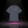 Neon Echo Stitch Tee front view — indigo streetwear t-shirt with neon pink “S” emblem inside a circular stitch design on the chest, minimalist logo piece from the Sixth Stitch collection.