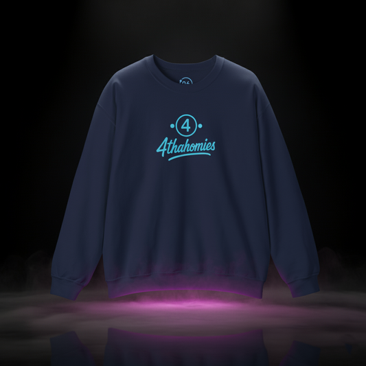 4 Tha Homies Neon Vibe Sweatshirt — navy streetwear crewneck with vibrant cyan “4 Tha Homies” graphic and circle-4 emblem, premium fleece design by Sixth Stitch reflecting loyalty and energy.